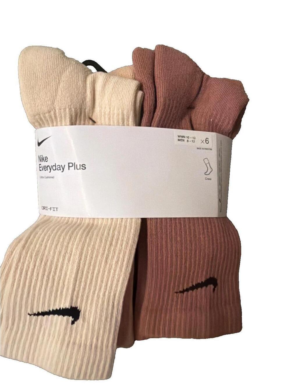 Nike Everyday Plus Crew Socks Dri-FIT Brown Pink Cream Size L 6 Pack New